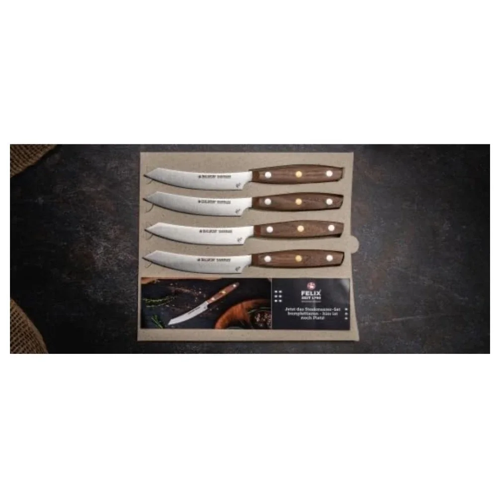 Felix Solingen Miu Steak Knife Set 4pc Walnut Wood Brass Handmade Germany 224604